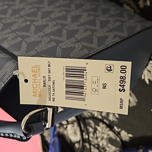 NWT Michael Kors Women's Two Tone Blue Grey Monogram Satchel Handbag - Picture 5 of 17